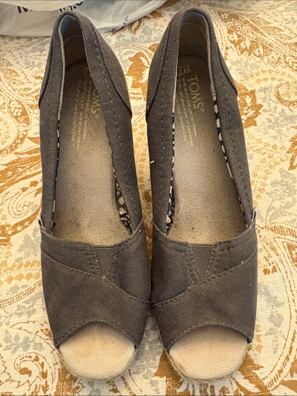 TOMS Gray Canvas Open-Toe Wedges